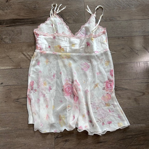 Y2K California Dynasty Floral Slip Tank Top White Pink Lace Trim Mini Size L - Picture 5 of 7